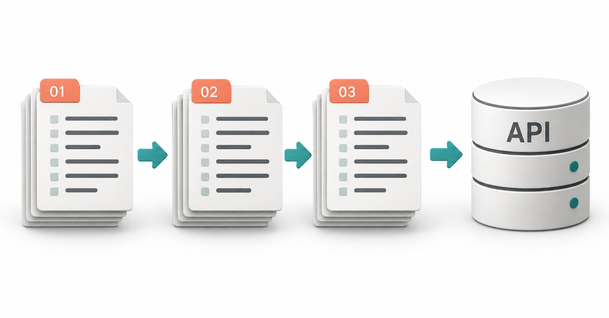 Lotes de registros numerados conectados em sequência a uma estrutura de dados de API