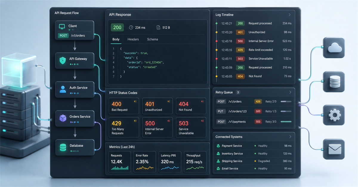 Technical dashboard with HTTP status codes, API responses, logs and integration flow between systems