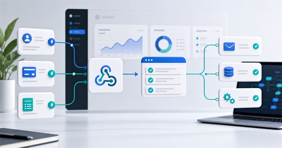 Fluxo visual de webhooks conectando sistemas, eventos de API e processos automatizados
