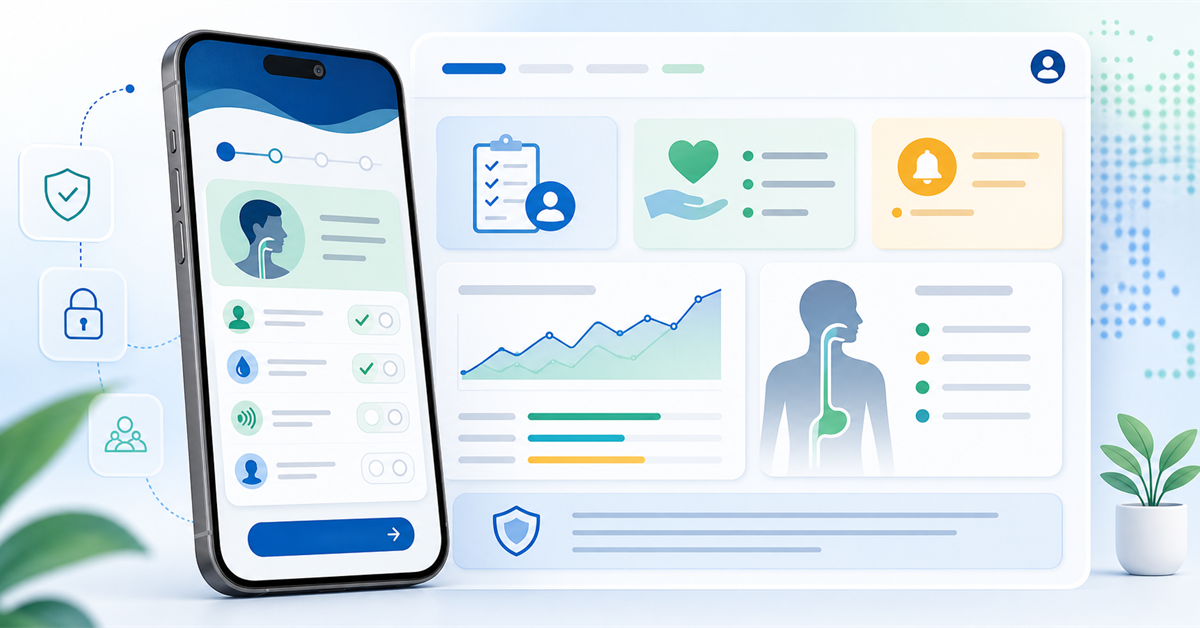 Interface do Disfagia App com questionário educativo, indicadores e painel de saúde digital