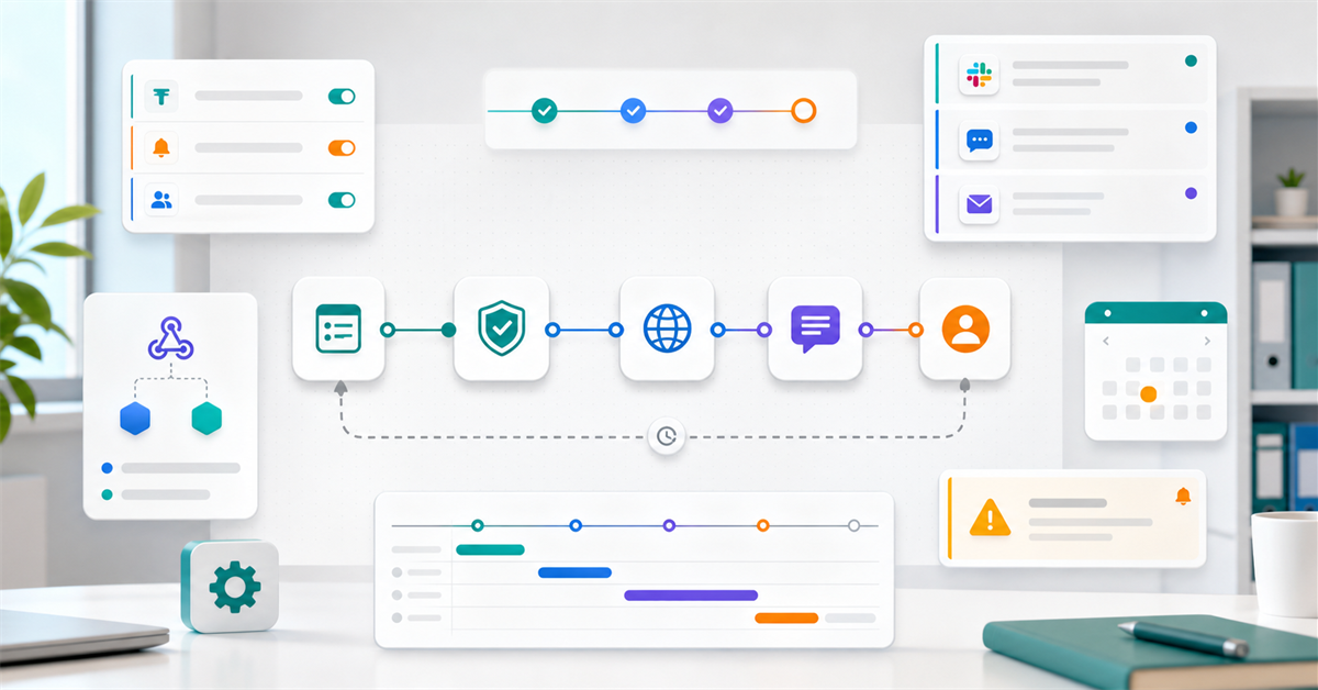 Fluxo digital de automacao com regras, alertas internos, APIs e revisao humana