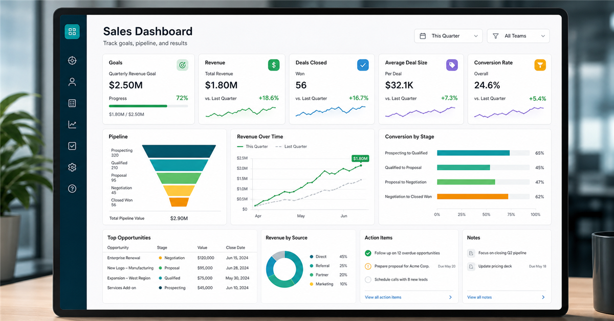 Sales dashboard with goals, sales pipeline, revenue, conversion, and action priorities