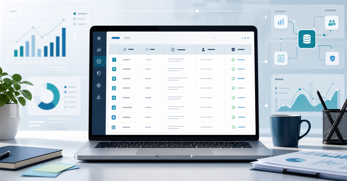 Interface com tabela de dicionario de dados, campos, regras e graficos de dashboard