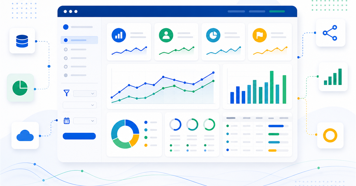 Dashboard empresarial com indicadores, gráficos e cartões de desempenho