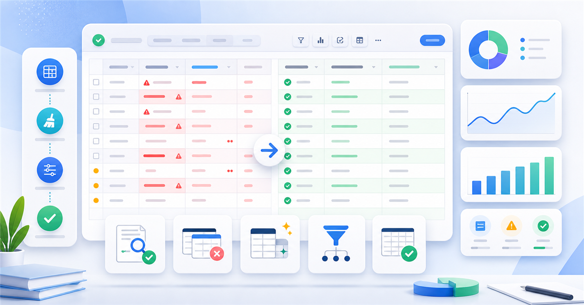 Interface de planilha com validacoes, dados duplicados destacados e painel de analise