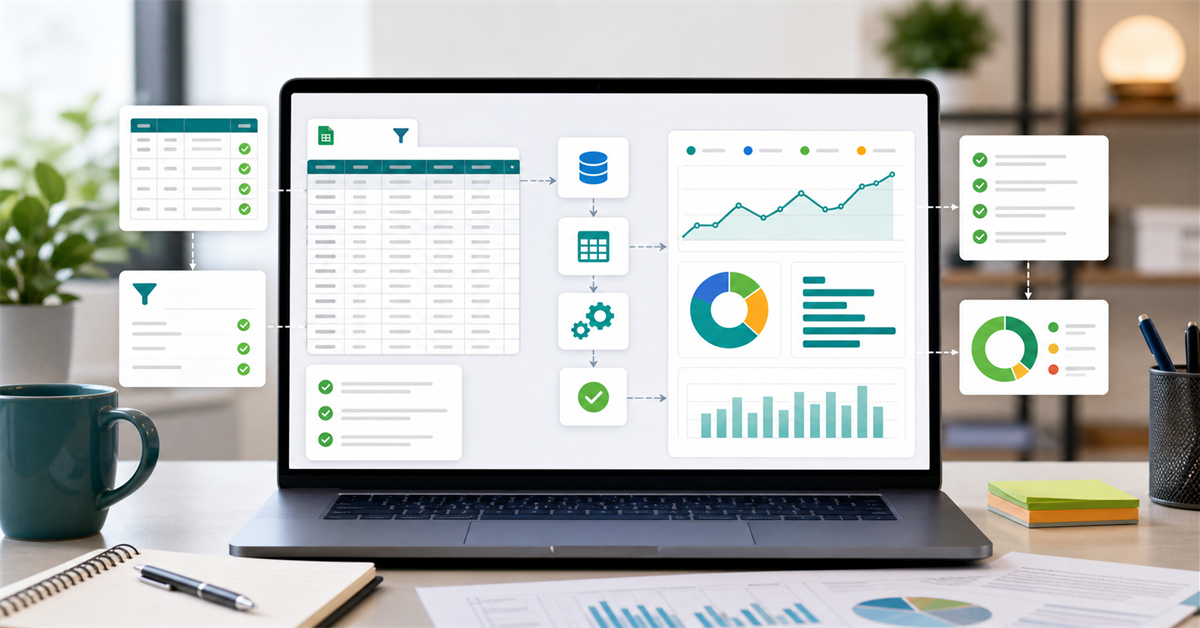Interface with spreadsheets, validations and charts showing data preparation for dashboards