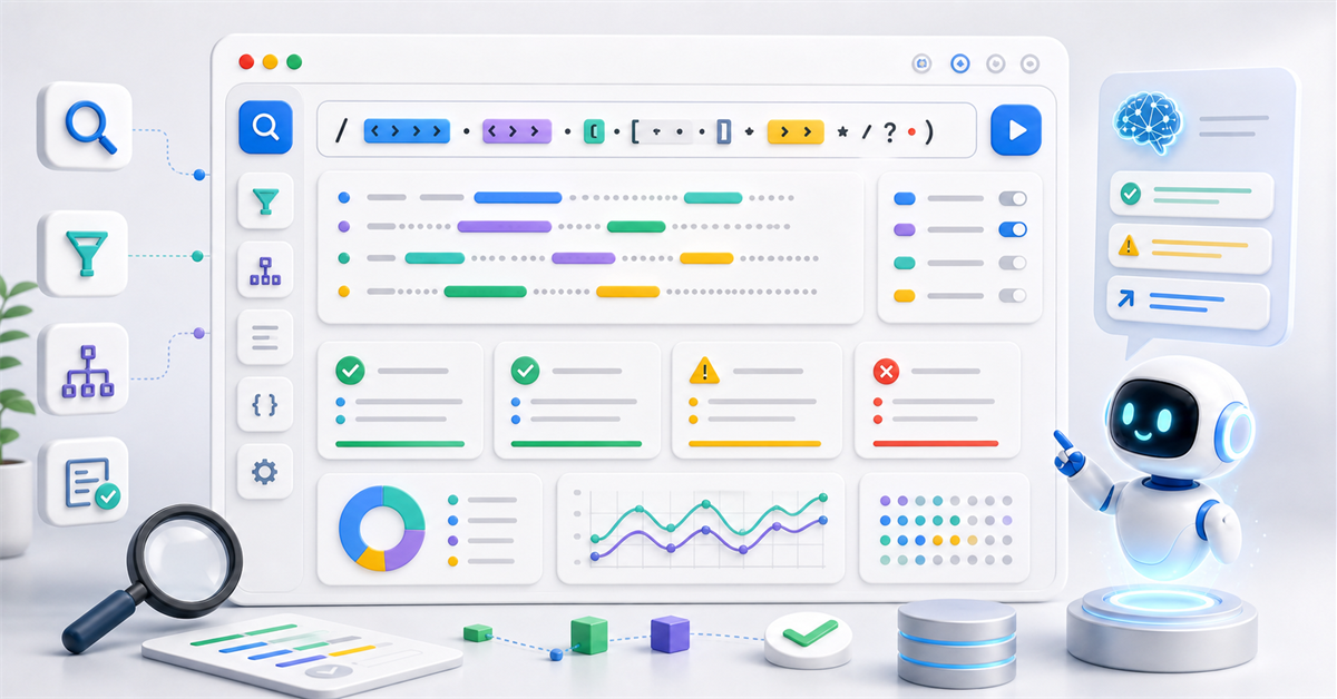 Editor de regex online com IA sugerindo padrões e destacando correspondências em textos
