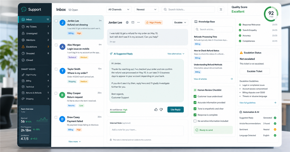 Customer service interface with AI suggesting replies, knowledge base, human review, and quality indicators