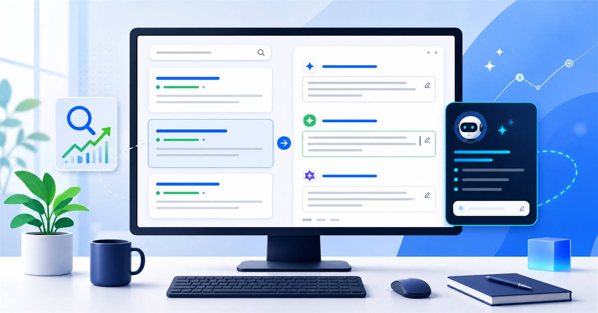 Interface de SEO com assistente de IA ajudando a criar meta descriptions