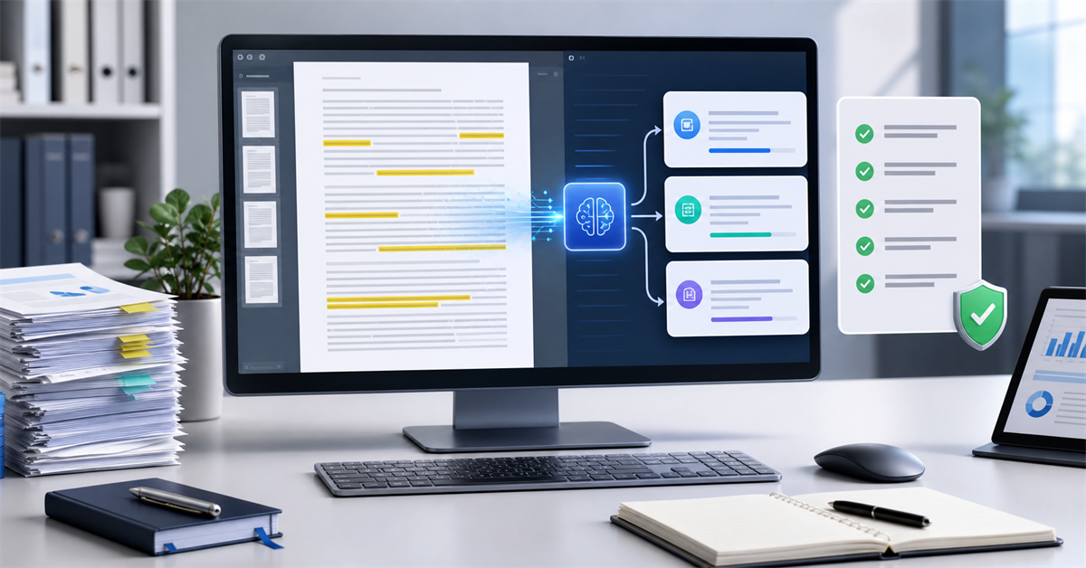 Interface with AI summarizing a long document into key points, checklist, and verified references