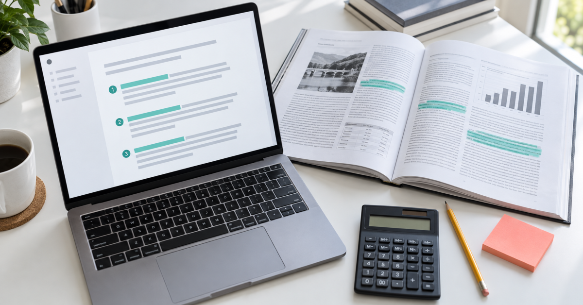 Notebook com resposta de IA destacada ao lado de documento de referência, calculadora e anotações