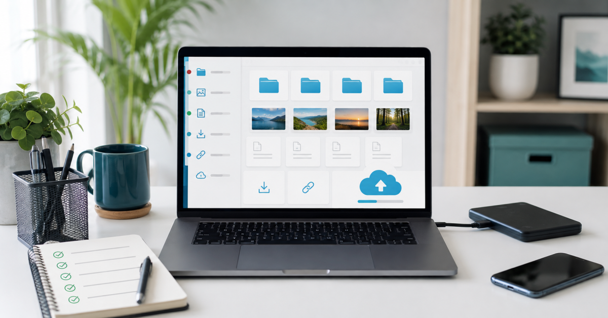Mesa organizada com notebook, pastas digitais, fotos, documentos, nuvem de backup e checklist de organização pessoal