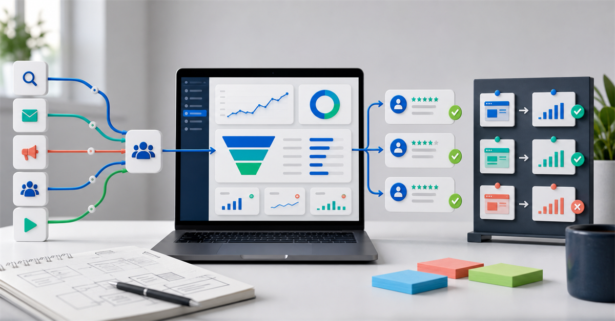 Digital product dashboard showing acquisition channels, activation funnel, and early user feedback