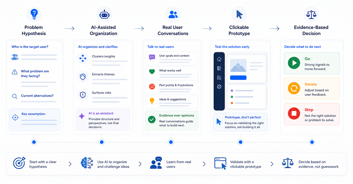 Workflow for validating a digital product idea with AI support, users, and a prototype