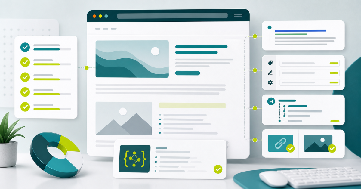 Interface de auditoria SEO on-page mostrando checklist, página web, links, metadados e dados estruturados