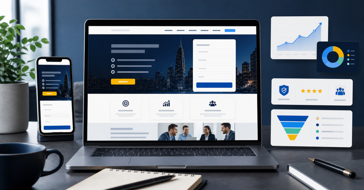 Service page interface with clear offer, contact call to action, form, trust signals, and conversion indicators