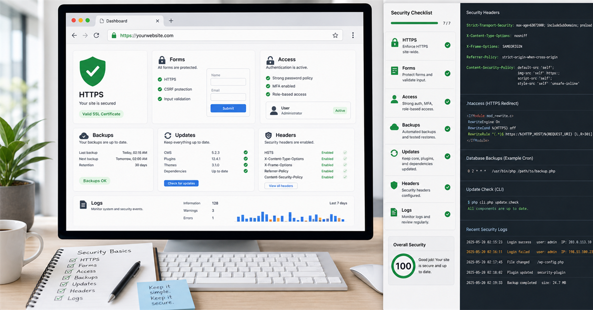 Web security dashboard with HTTPS, forms, access, backups, updates, headers, and logs