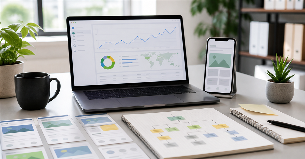 Web strategy desk with laptop showing an organic search dashboard, sitemap, content planning, and mobile preview