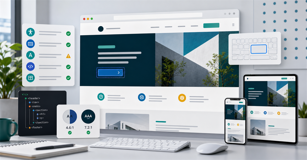 Website interface being reviewed for accessibility, contrast, keyboard navigation and semantic structure