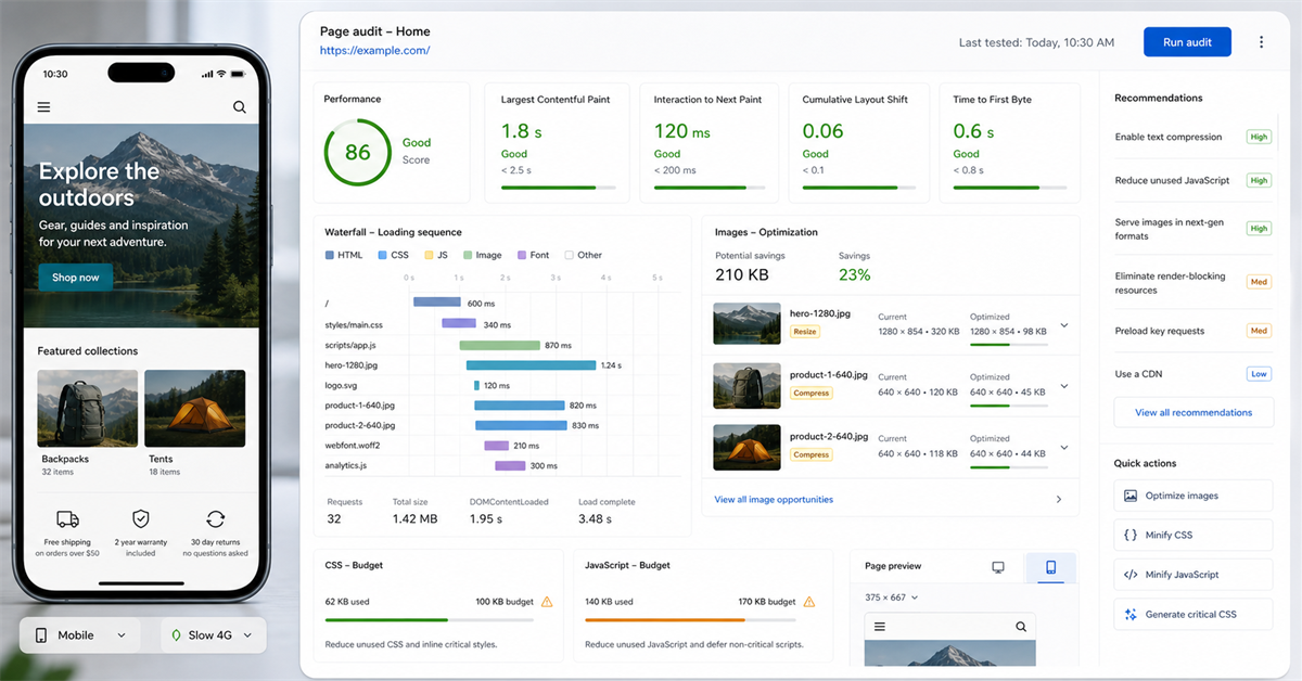 Mobile performance audit interface with smartphone preview, speed metrics, images, scripts, and loading timeline