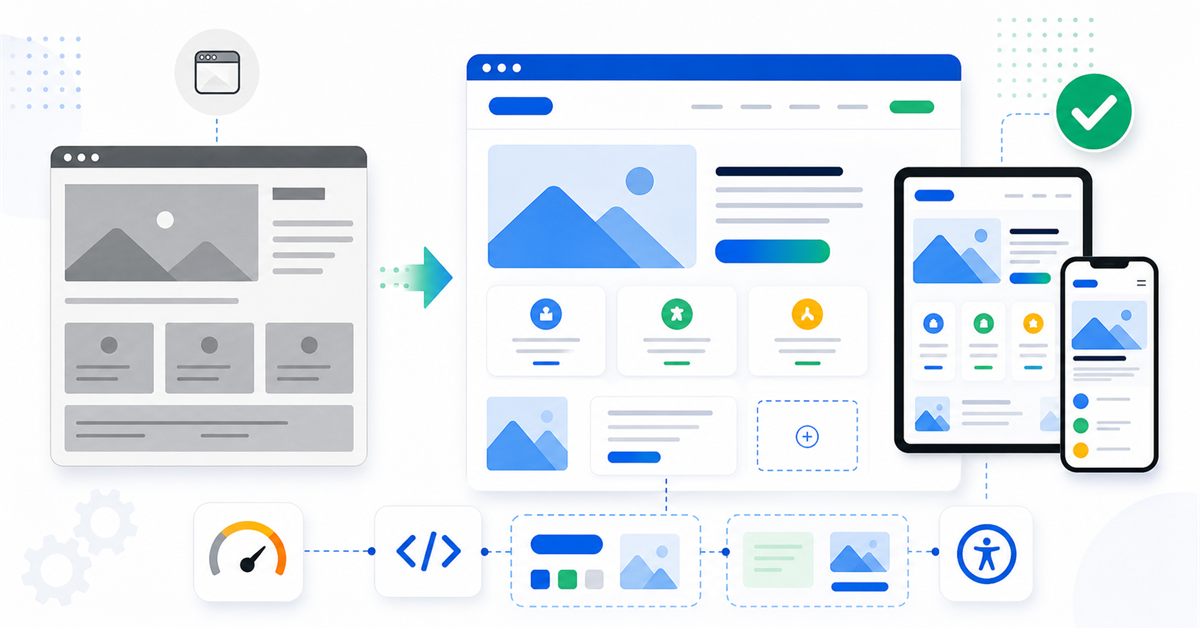 Interface web sendo modernizada com componentes responsivos, código e indicadores de performance