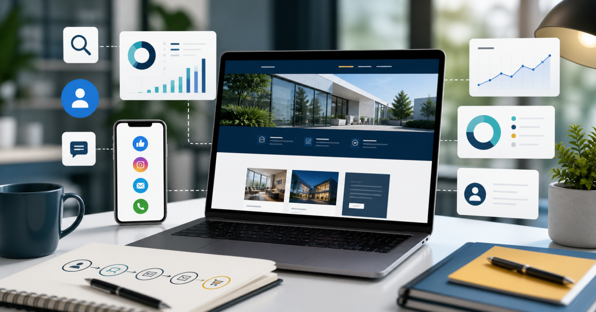 Web strategy dashboard with website, social media, search, contact form, and digital presence indicators