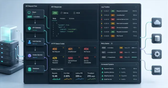 Technical dashboard with HTTP status codes, API responses, logs and integration flow between systems