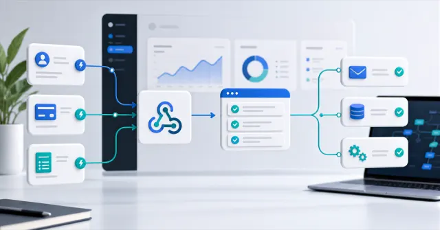 Visual flow of webhooks connecting systems, API events and automated processes
