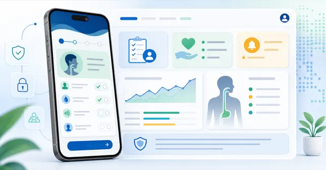 Disfagia App interface with educational questionnaire, indicators and digital health dashboard
