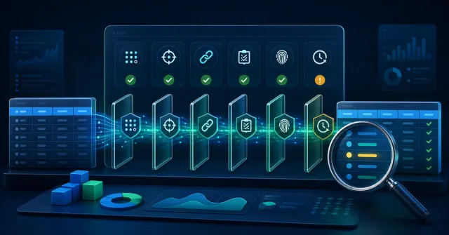 Data quality assessment dashboard with validation gates, record flow, and inconsistency inspection