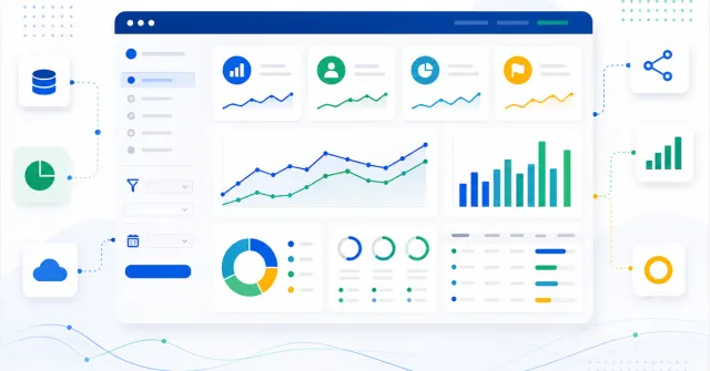 Business dashboard with indicators, charts and performance cards