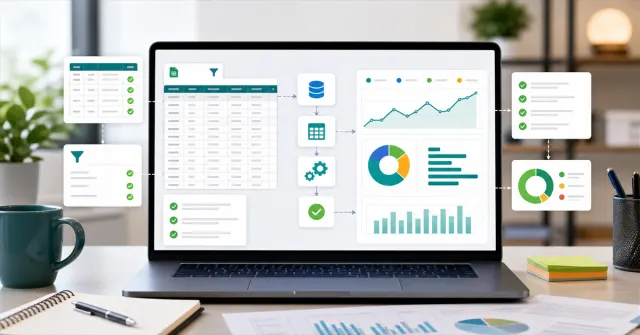 Interface with spreadsheets, validations and charts showing data preparation for dashboards