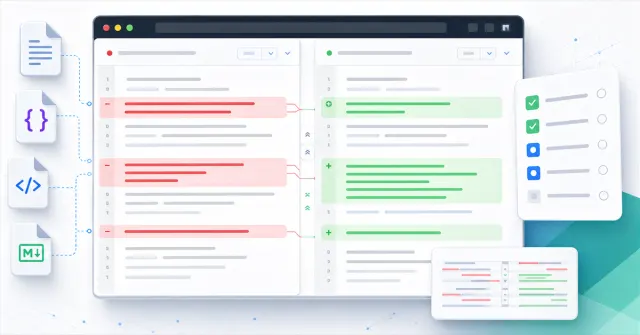 Online diff editor comparing two text versions with added and removed sections highlighted