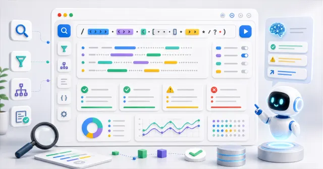 Online regex editor with AI suggesting patterns and highlighting matches in text