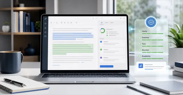 Digital interface with AI reviewing text before publication