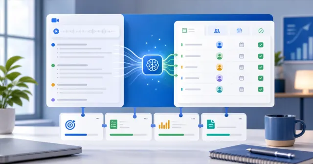 Digital interface showing AI organizing meeting notes into tasks and owners