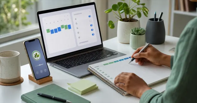 Organized desk with laptop, phone in focus mode, and a notebook for healthy digital habits