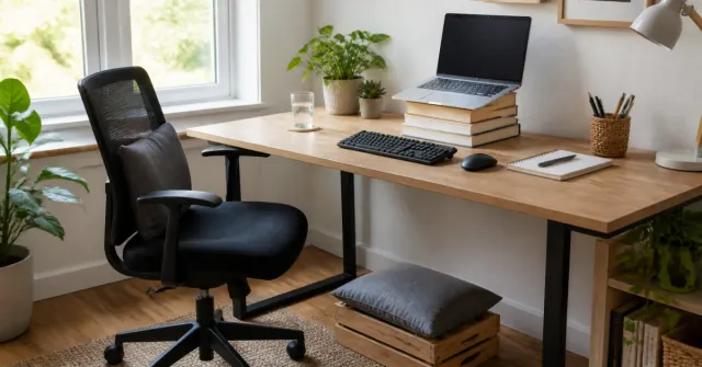 Home office with laptop raised on books, separate keyboard, chair with lumbar support, and foot support