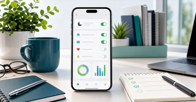 Phone with organized notification panel, focus mode enabled, and a planned digital routine