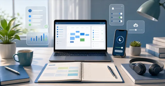 Organized workspace with laptop, planner, phone in focus mode and digital routine panels