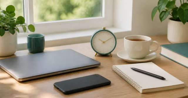 Calm desk with phone in focus mode, clock, book, closed laptop, and intentional screen-use routine