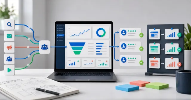 Digital product dashboard showing acquisition channels, activation funnel, and early user feedback
