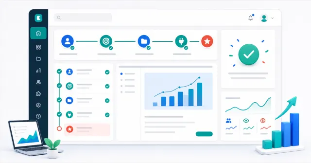 SaaS onboarding flow with activation steps, first value, messages, and product metrics