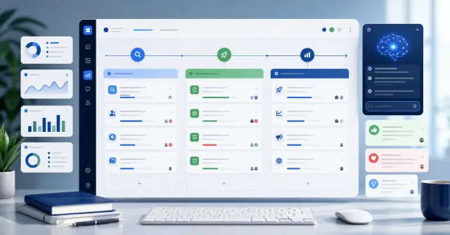 Digital product roadmap with AI organized by stages, priorities, feedback, and metrics