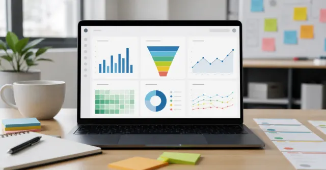 Lean digital product dashboard with funnel, retention, feature adoption, and learning cards