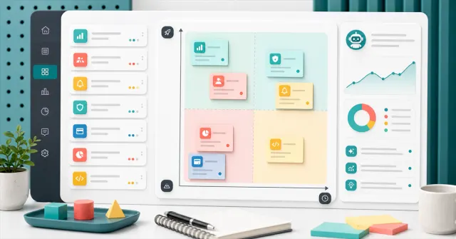 Digital product dashboard with prioritization matrix, feature cards, metrics, and AI support