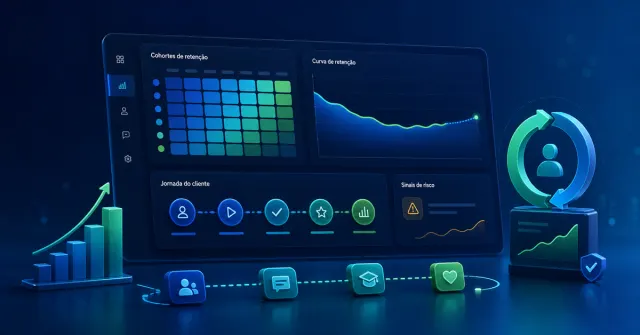 SaaS dashboard with cohorts, a retention curve, customer journey, and churn risk signals