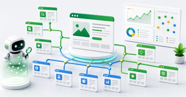 Site architecture with pages connected by internal links, SEO analysis, and artificial intelligence assistance