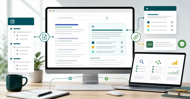 Editorial interface showing content optimized for SEO and artificial intelligence answers with citations and structured data