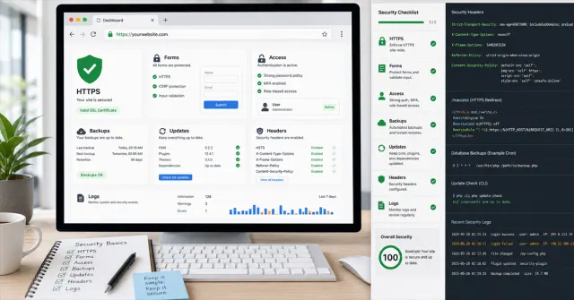 Painel de seguranca web com HTTPS, formularios, acessos, backups, atualizacoes, headers e logs